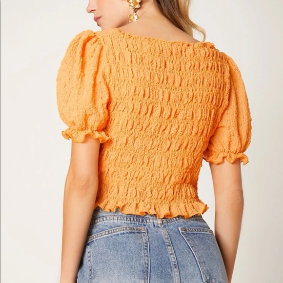 Frill Trim Shirred Ruffle Hem Puff Sleeve Top - Picture 2 of 2